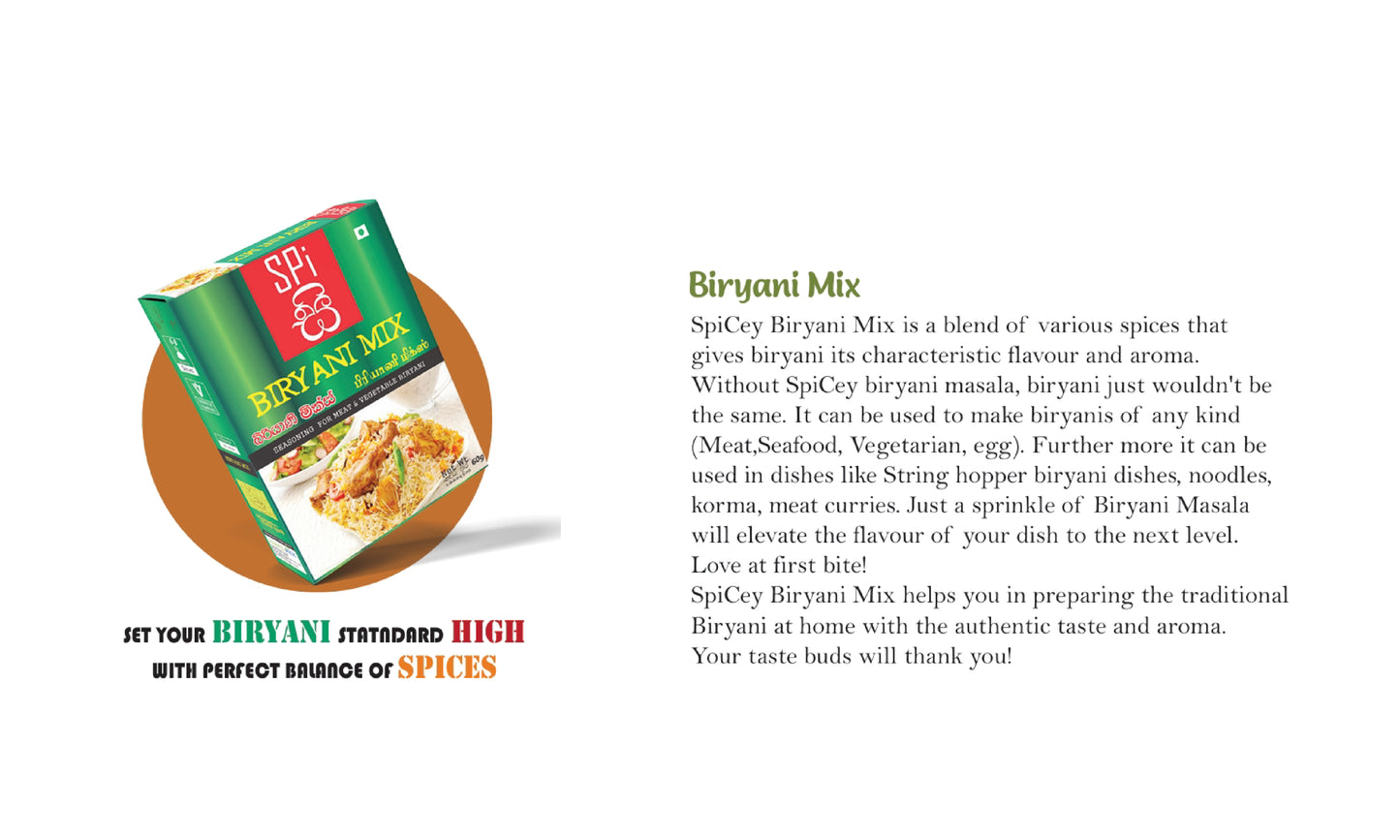 Best Biryani Cooking Mix Masala Powder Made with Ceylon Premium Spices 60g - SpiCey Brand